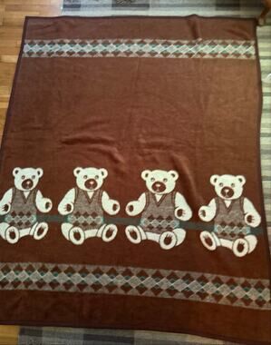 VTG VUTEKS VUKOVAR Crown Crafts Teddy Bears Argyle Acrylic Blanket 60 x 80"